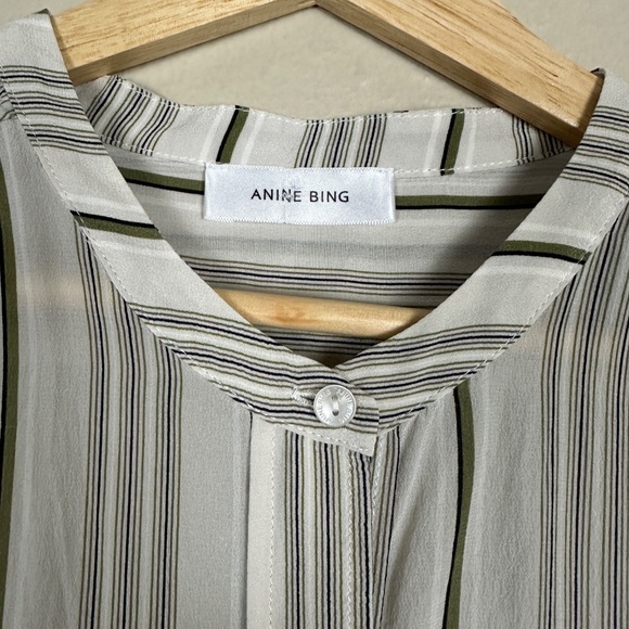 Anine Bing Women’s Large Silk Top Pinstripe Minimalist Quiet Luxury Blouse Cream - Picture 2 of 6